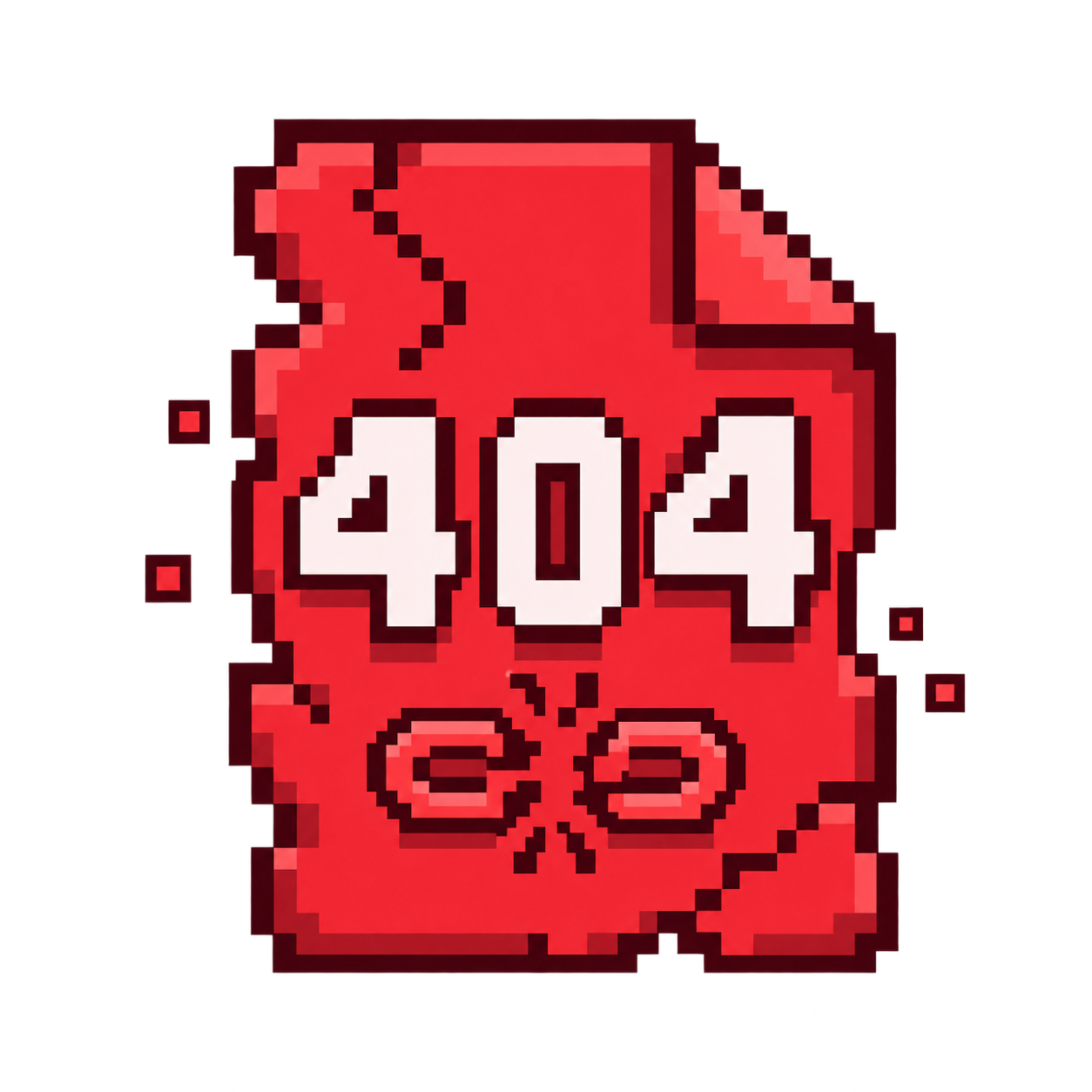 Pixel-art broken document marked 404